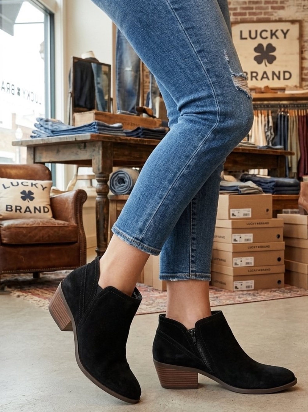 Lucky Brand Fionan Black Suede Ankle Booties with Stacked Heel